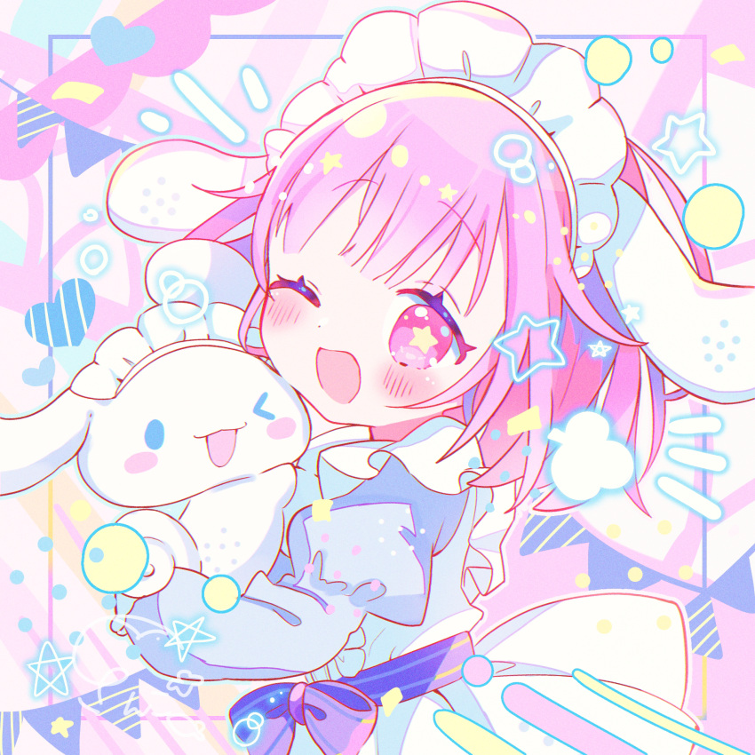 1girl, ;d, abstract_background, animal_ears, cinnamoroll, dress, fake_animal_ears, highres, maid_headdress, one_eye_closed, ootori_emu, open_mouth, pink_eyes, pink_hair, pink_theme, project_sekai, sango_(35sangosan), sanrio, smile, star-shaped_pupils, star_(symbol), symbol-shaped_pupils