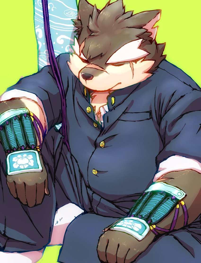1boy, animal_ears, armor, closed_eyes, closed_mouth, collared_shirt, commentary_request, dog_boy