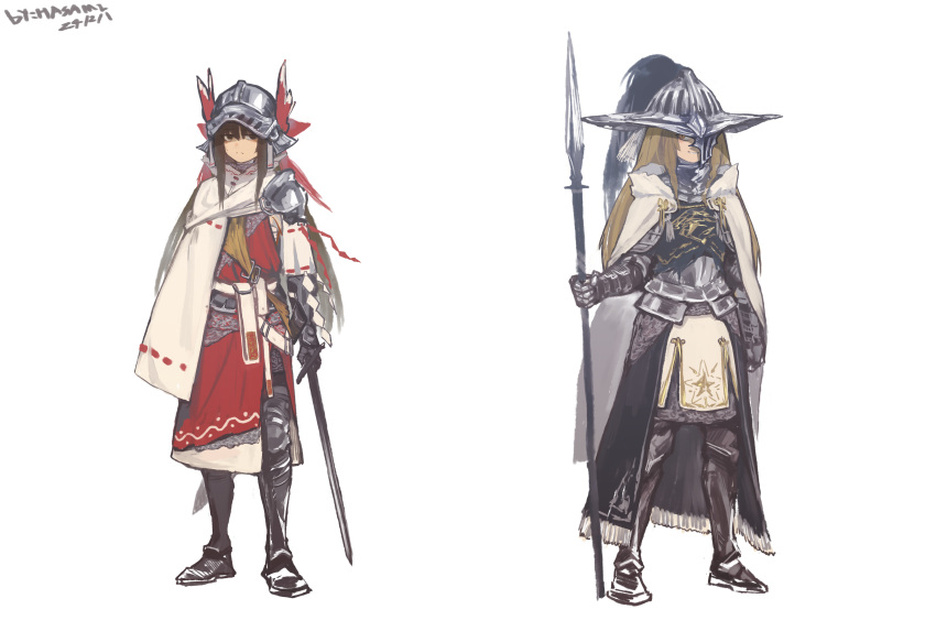 2girls, absurdres, alternate_costume, armor, armored_boots, blonde_hair, boots, breastplate