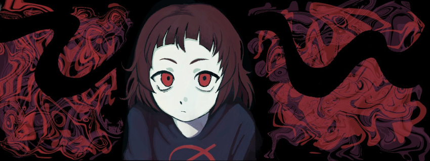 1girl, abstract_background, black_sweater, brown_hair, closed_mouth, comm, commentary_request, expressionless