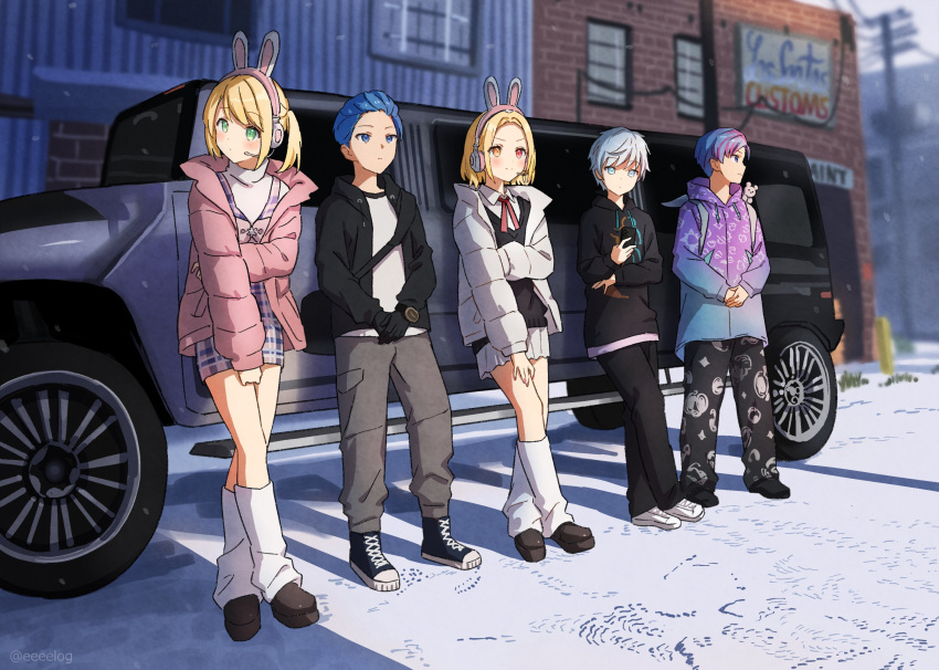2girls, 3boys, alternate_costume, alternate_hair_length, alternate_hairstyle, animal_ear_headphones, animal_ears, bag