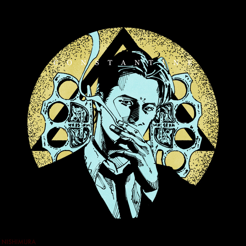 1boy, black_background, blending, brass_knuckles, collared_shirt, constantine, copyright_name, fingernails
