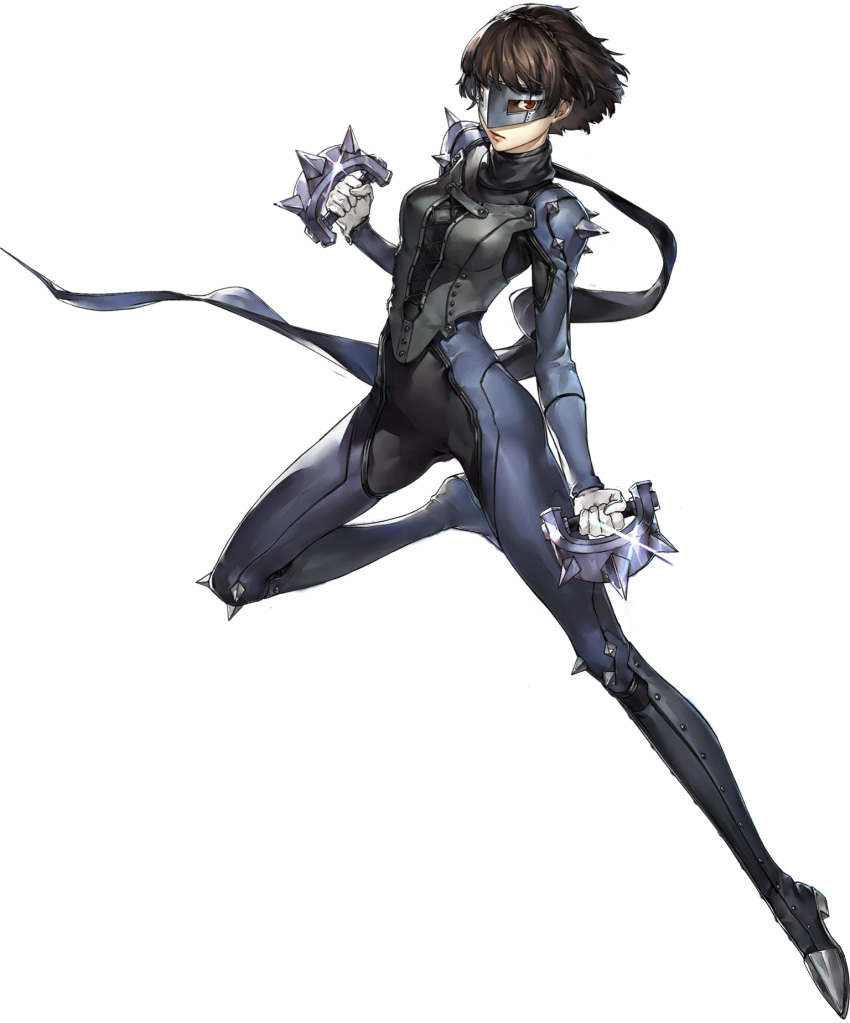 1girl, black_bodysuit, bodysuit, highres, niijima_makoto, persona_5:_the_phantom_x, short_hair, spiked_knuckles