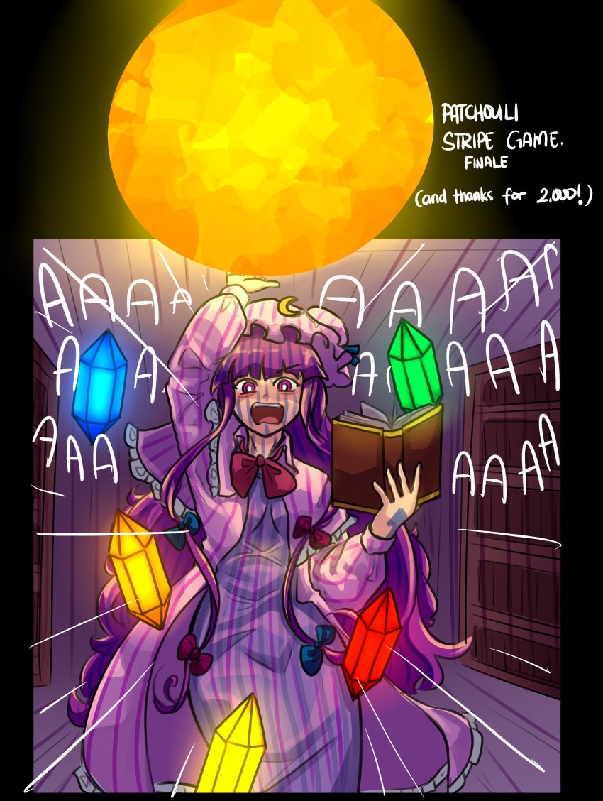 1girl, aang, aang_(cosplay), absurdres, aqua_bow, bags_under_eyes, blunt_bangs, bow, commentary, cosplay, crescent, crescent_hat_ornament, dress, english_commentary, english_text, fireball, gem, glowing, glowing_eyes, hat, hat_ornament, highres, like_and_retweet, meme, mob_cap, open_mouth, patchouli_knowledge, purple_bow, purple_hair, screaming, striped_clothes, striped_dress, striped_hair, striped_headwear, tem_(insomnia_tem), touhou, twitter_strip_game_(meme), vertical-striped_clothes, vertical-striped_dress, violet_eyes