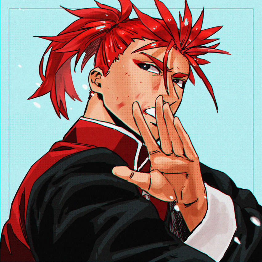 1boy, absurdres, black_eyes, blood, blood_on_face, blue_background, chinese_clothes, chromatic_aberration