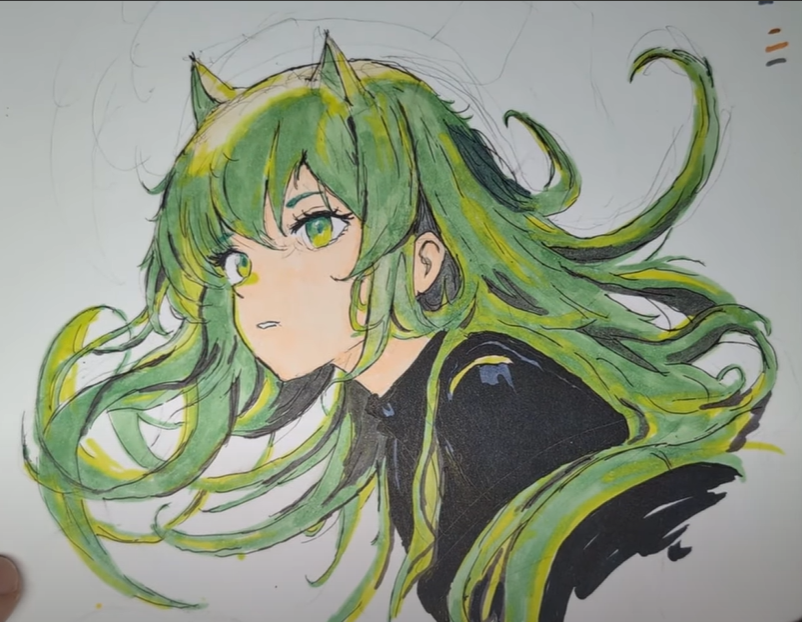 1girl, animal_ears, artist's_hand_in_frame, black_shirt, cat_ears, cat_girl, cropped_shoulders, green_eyes