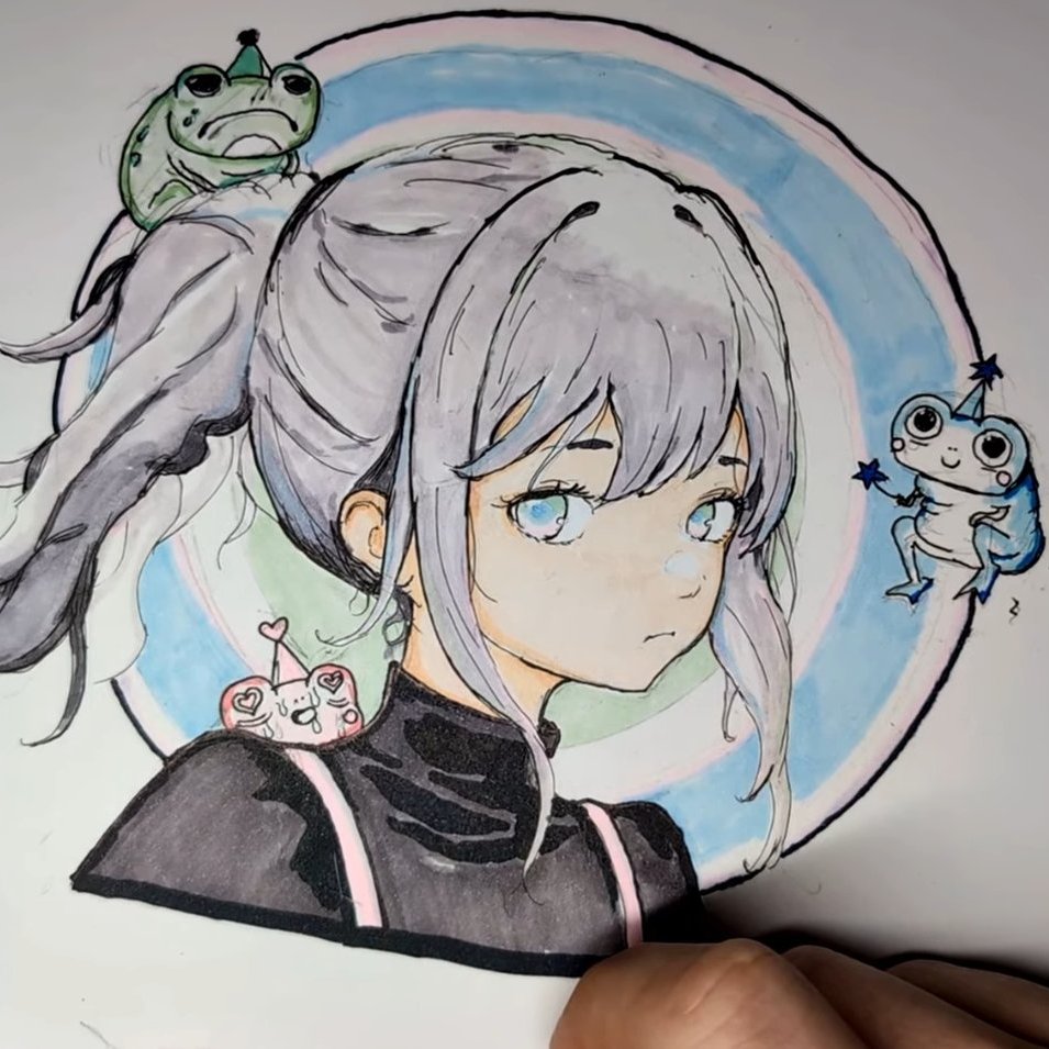 1girl, artist's_hand_in_frame, black_shirt, blue_eyes, closed_mouth, cropped_shoulders, frog, grey_hair