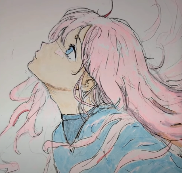 1girl, blue_eyes, blue_shirt, facing_up, looking_up, marker_(medium), non-web_source, original