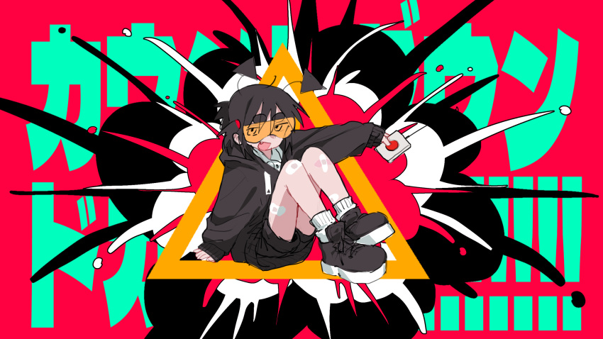 1girl, :d, ahoge, ankle_socks, antennae, arm_support, bandaid, bandaid_on_leg