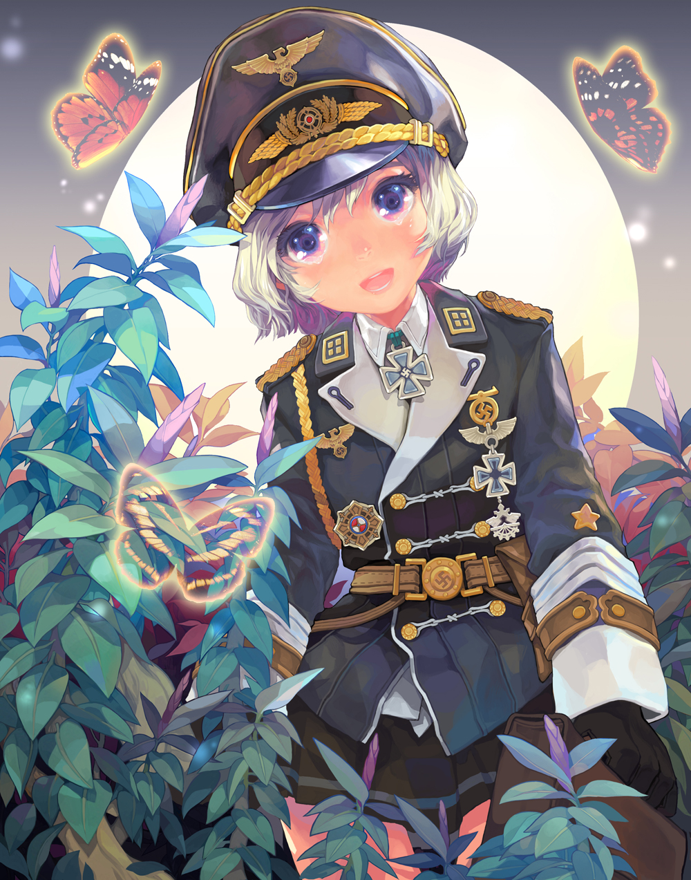 bad_id, belt, butterfly, gloves, hat, highres, military, military_uniform