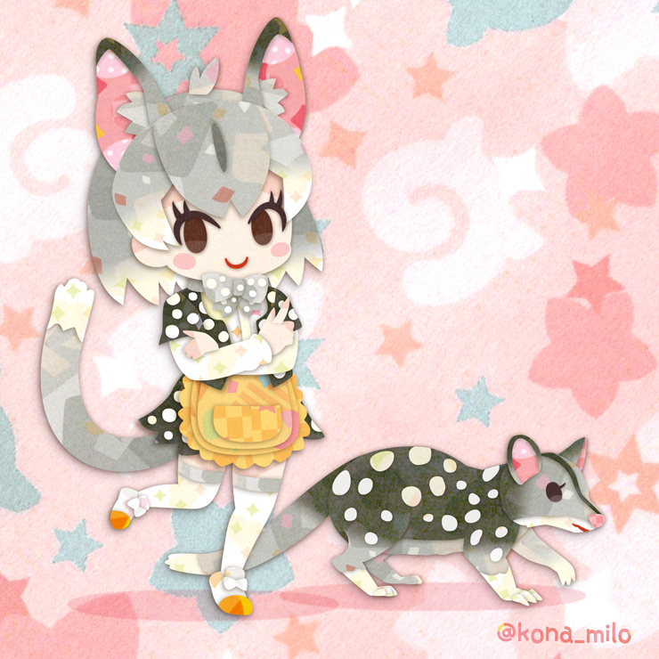 1girl, animal, animal_ears, apron, bow, bowtie, brown_eyes, eastern_quoll_(kemono_friends)