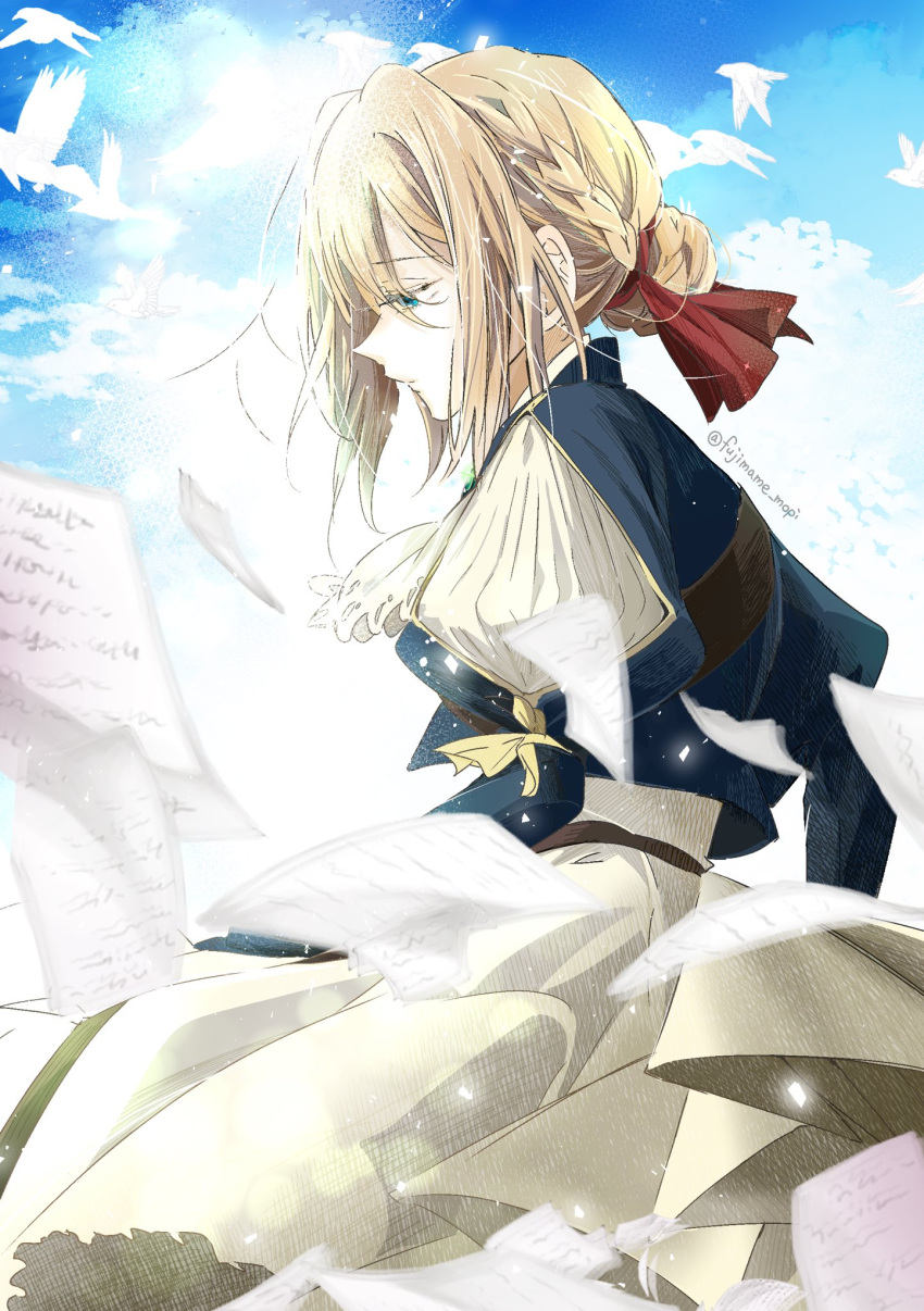 1girl, bird, blonde_hair, blue_shirt, flying_paper, fujimoto_mame, green_eyes, hair_bun, highres, medium_hair, paper, profile, red_ribbon, ribbon, shirt, skirt, sky, solo, twitter_username, violet_evergarden, violet_evergarden_(series), white_skirt
