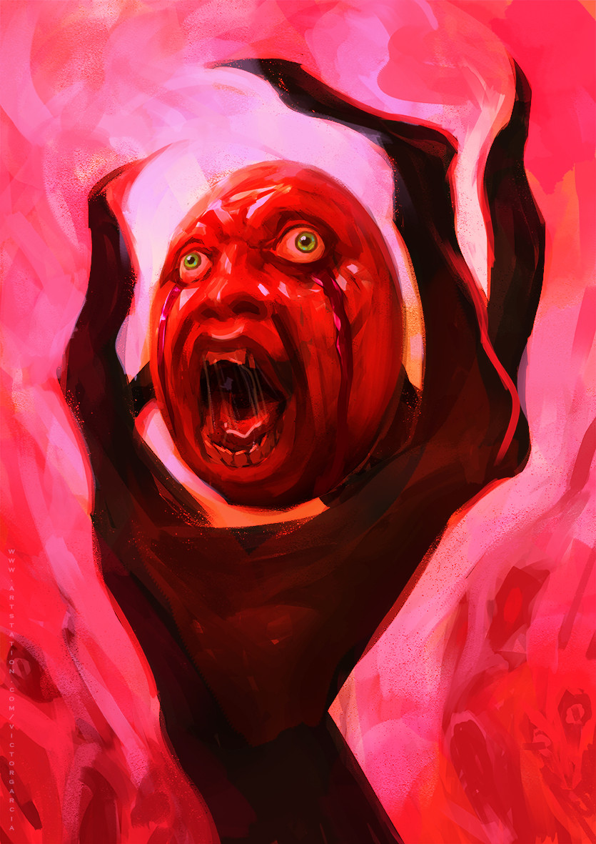 artstation_username, behelit, berserk, blood, blood_from_eyes, fingernails, floating, green_eyes