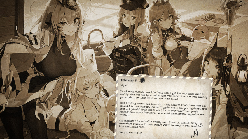 avrora_(azur_lane), azur_lane, bismarck_(azur_lane), eating, letter, long_hair, manjuu_(azur_lane), multiple_girls