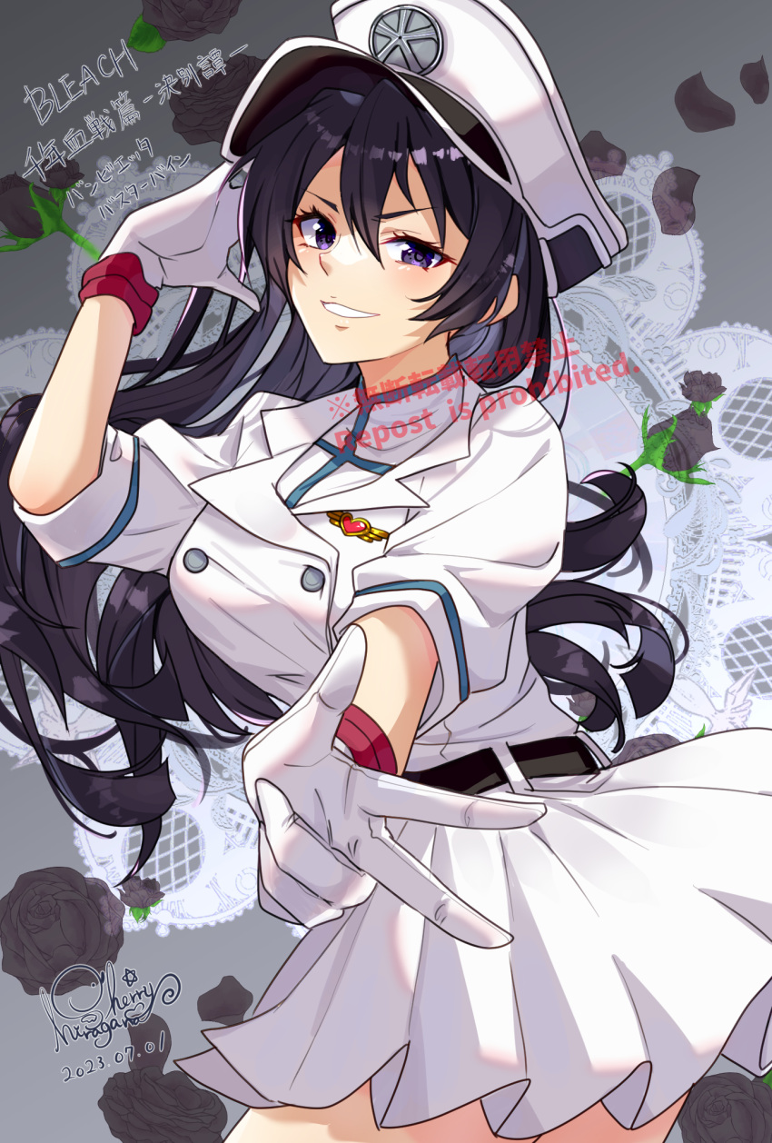 1girl, 2023, bambietta_basterbine, black_flower, black_rose, bleach, bleach:_sennen_kessen-hen, blunt_ends