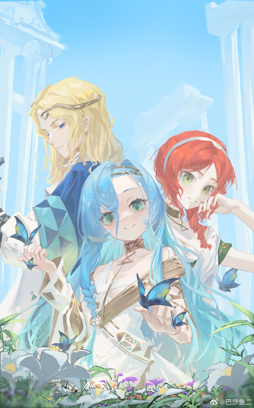 1boy, 2girls, 37_(reverse:1999), 6_(reverse:1999), absurdres, ancient_greek_clothes, aqua_eyes, architecture