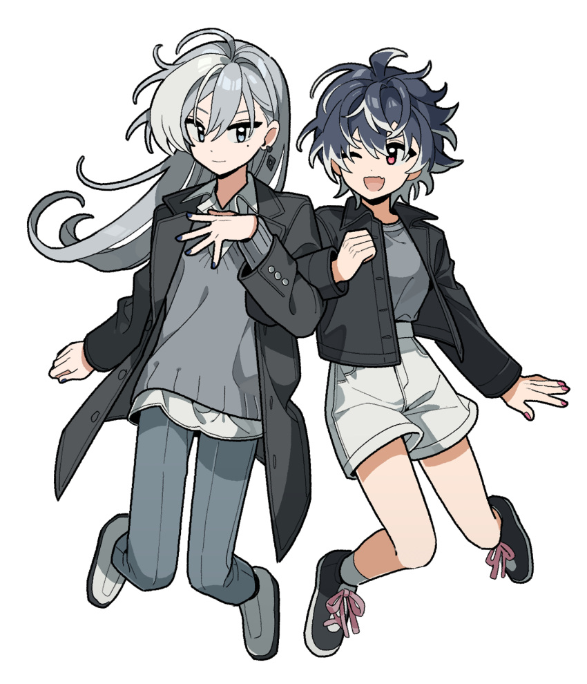 2girls, black_hair, blue_eyes, full_body, genderswap, genderswap_(mtf), grey_background, grey_hair