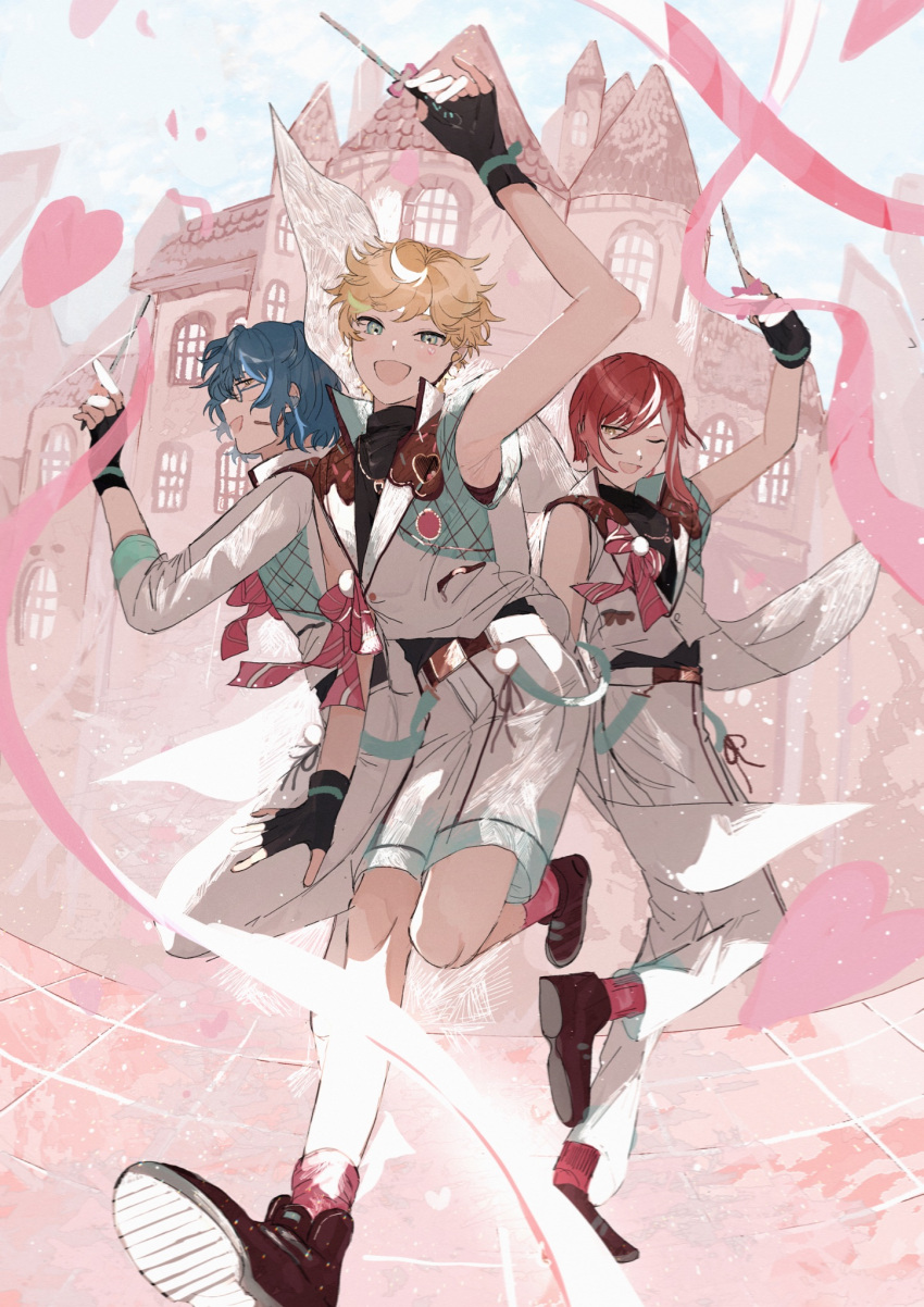 22kolink, 3boys, aoba_tsumugi, blonde_hair, blue_eyes, blue_hair, ensemble_stars!, full_body