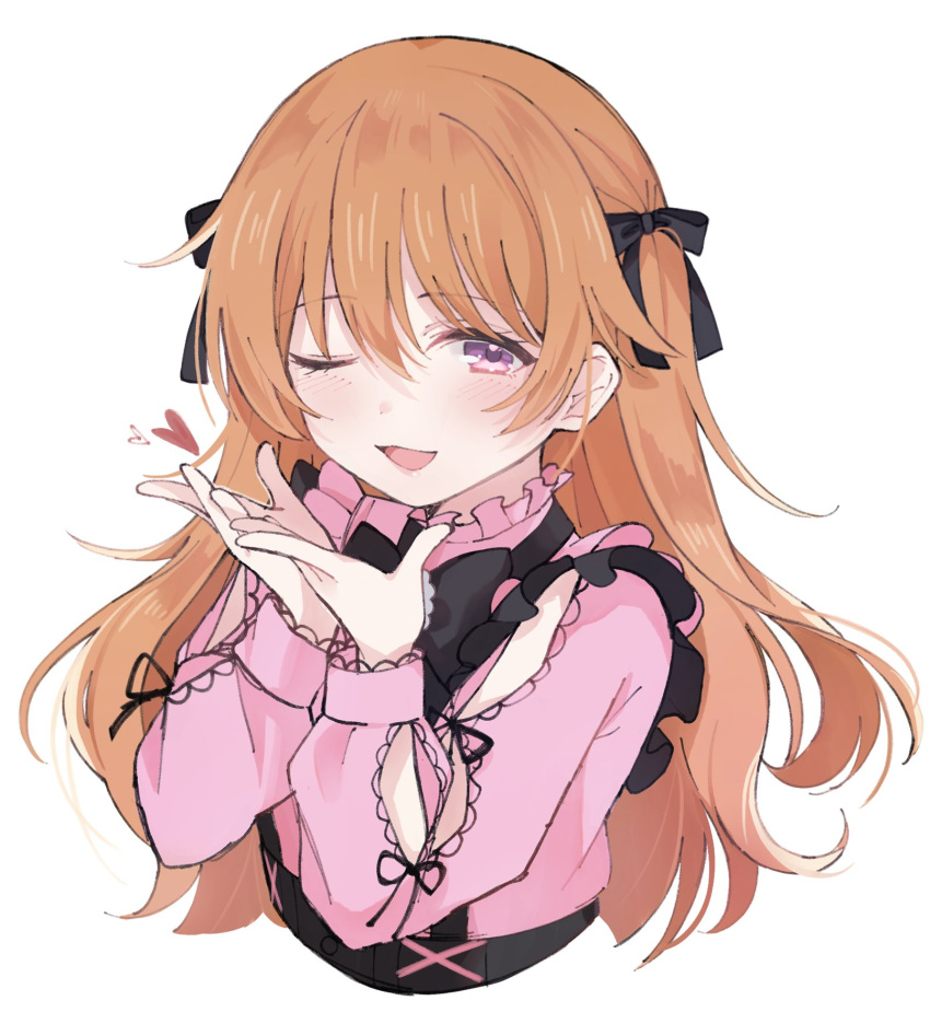 1girl, arm_cutout, black_bow, black_ribbon, bow, cooking_with_love, cropped_torso, frilled_shirt_collar