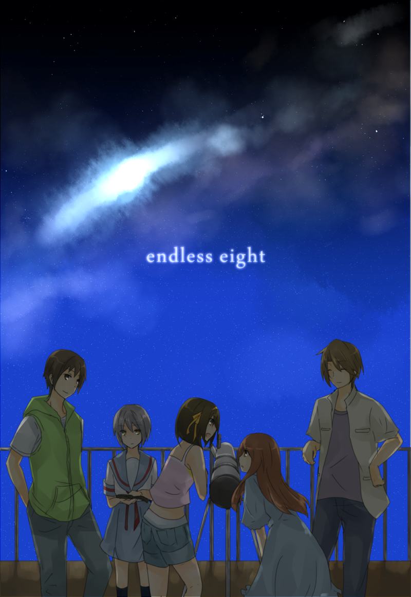 casual, endless_eight, koizumi_itsuki, kyon, long_hair, nagato_yuki, night, night_sky