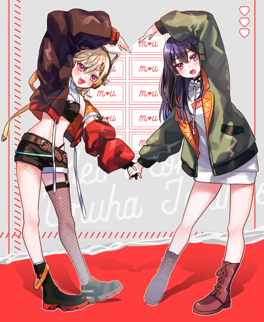 2girls, :3, animal_ear_headphones, animal_ears, asymmetrical_footwear, belt, black_choker, black_hair