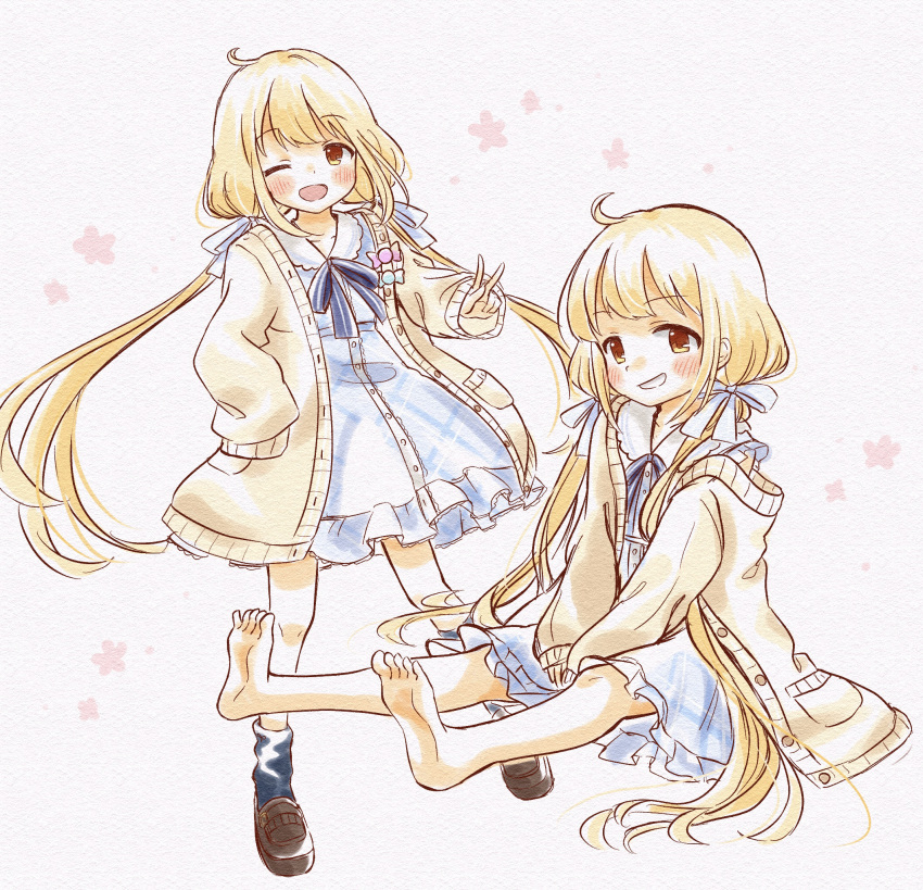 1girl, ahoge, barefoot, black_socks, blonde_hair, blue_bow, blue_bowtie, blue_dress