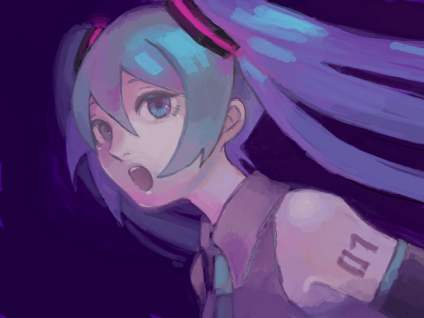 1girl, :o, aqua_necktie, armpit_crease, bad_drawr_id, bad_id, bare_shoulders, black_background, blue_eyes, blue_hair, detached_sleeves, grey_shirt, grey_sleeves, hair_between_eyes, hatsune_miku, long_hair, looking_at_viewer, moi_(mo_i45), necktie, number_tattoo, oekaki, open_mouth, shirt, sleeveless, sleeveless_shirt, solo, tattoo, teeth, upper_body, upper_teeth_only, vocaloid