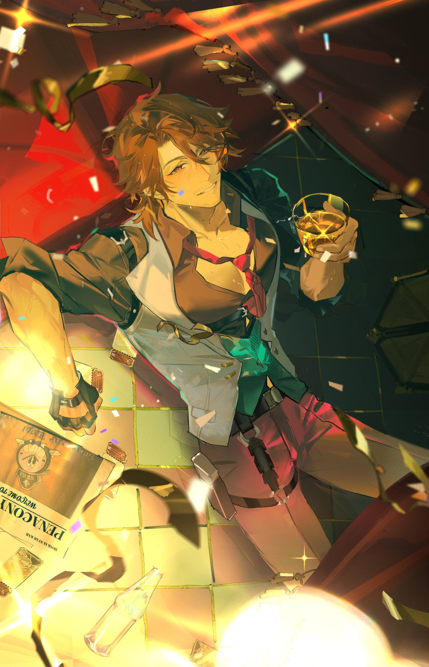 absurdres, aojizesi, beard_stubble, black_gloves, black_shirt, brown_hair, facial_hair, gallagher_(honkai:_star_rail), gloves, hair_between_eyes, highres, holding, honkai:_star_rail, honkai_(series), looking_at_viewer, male_focus, necktie, red_necktie, shirt, solo, stubble, upper_body, vest, white_vest