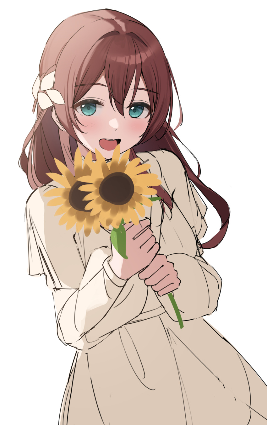 1girl, absurdres, blush, brown_hair, dress, emma_verde, enpik, flower