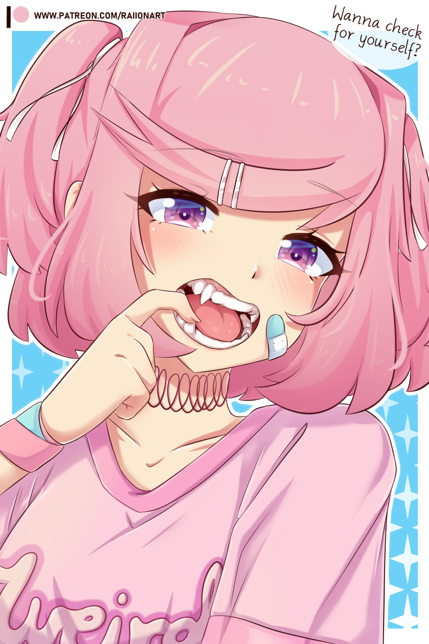 1girl, absurdres, bow, doki_doki_literature_club, english_text, fang, hair_ornament, hair_ribbon, hairclip, highres, looking_at_viewer, natsuki_(doki_doki_literature_club), open_mouth, pink_eyes, pink_hair, raion_(raionart), ribbon, shirt, short_hair, simple_background, solo, teeth, tsundere