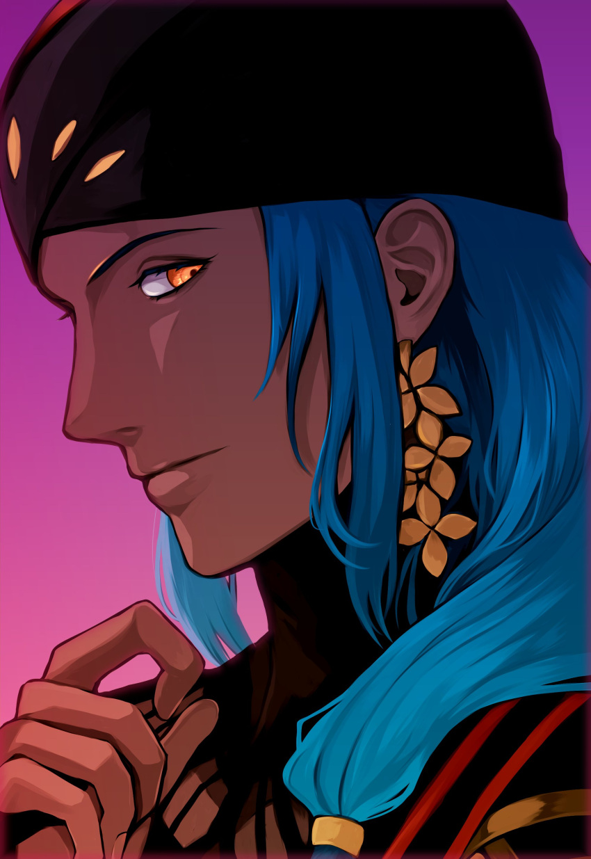 1boy, absurdres, ashoka_(fate), blue_hair, botan_(kyamaboko), dark-skinned_male, dark_skin, earrings