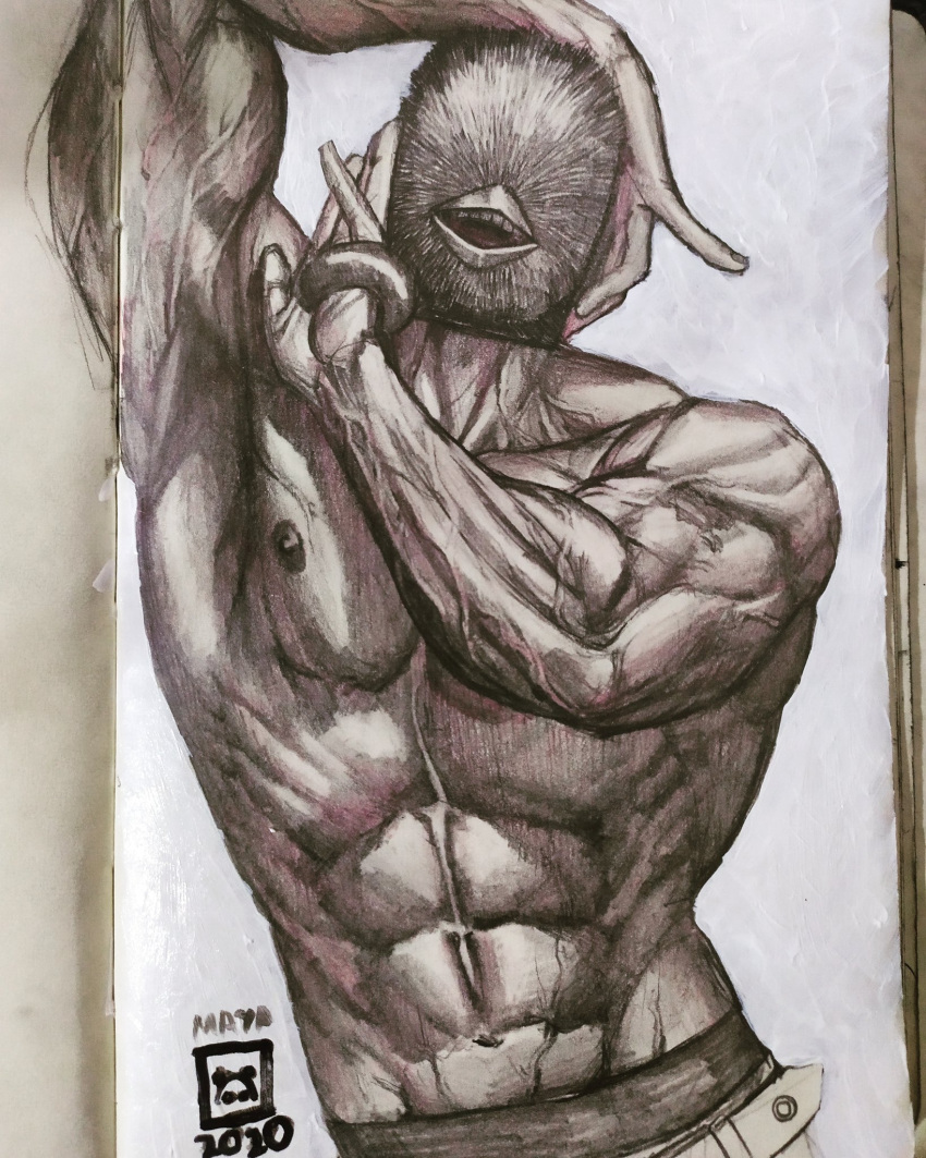 1boy, abs, bird_mask, chota, dorohedoro, fabulous, graphite_(medium), highres