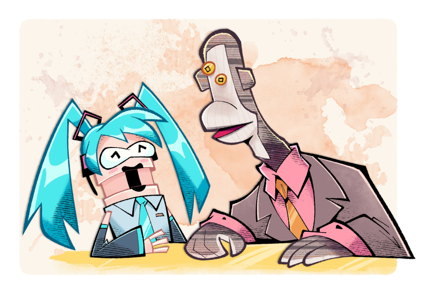 31_minutos, ^_^, absurdres, aqua_hair, aqua_necktie, baggy_clothes, bare_shoulders, black_sleeves