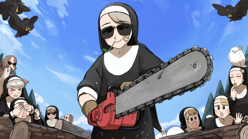 >_<, 6+girls, :o, alternate_eyewear, bandaid, bandaid_on_face, bird, blonde_hair