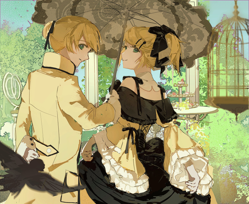1boy, 1girl, absurdres, aku_no_meshitsukai_(vocaloid), aku_no_musume_(vocaloid), allen_avadonia, arm_behind_back, bare_shoulders, bird, birdcage, black_bow, blonde_hair, blurry, blurry_foreground, bow, brother_and_sister, bush, cage, chair, collared_jacket, depth_of_field, detached_collar, dress, dress_ribbon, evillious_nendaiki, frilled_sleeves, frills, garden, green_eyes, hair_bow, hair_ornament, hair_ribbon, hairclip, high_collar, high_ponytail, highres, holding, holding_umbrella, jacket, kagamine_len, kagamine_rin, looking_at_viewer, looking_back, miku_symphony_(vocaloid), momo43757115, off-shoulder_dress, off_shoulder, parasol, ribbon, riliane_lucifen_d'autriche, round_table, short_ponytail, siblings, sideways_glance, skirt_hold, smile, table, twins, umbrella, updo, vocaloid, wide_sleeves, yellow_dress, yellow_jacket
