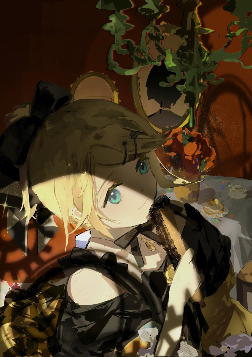 1girl, :3, absurdres, aku_no_musume_(vocaloid), aqua_eyes, bare_shoulders, black_bow, blonde_hair
