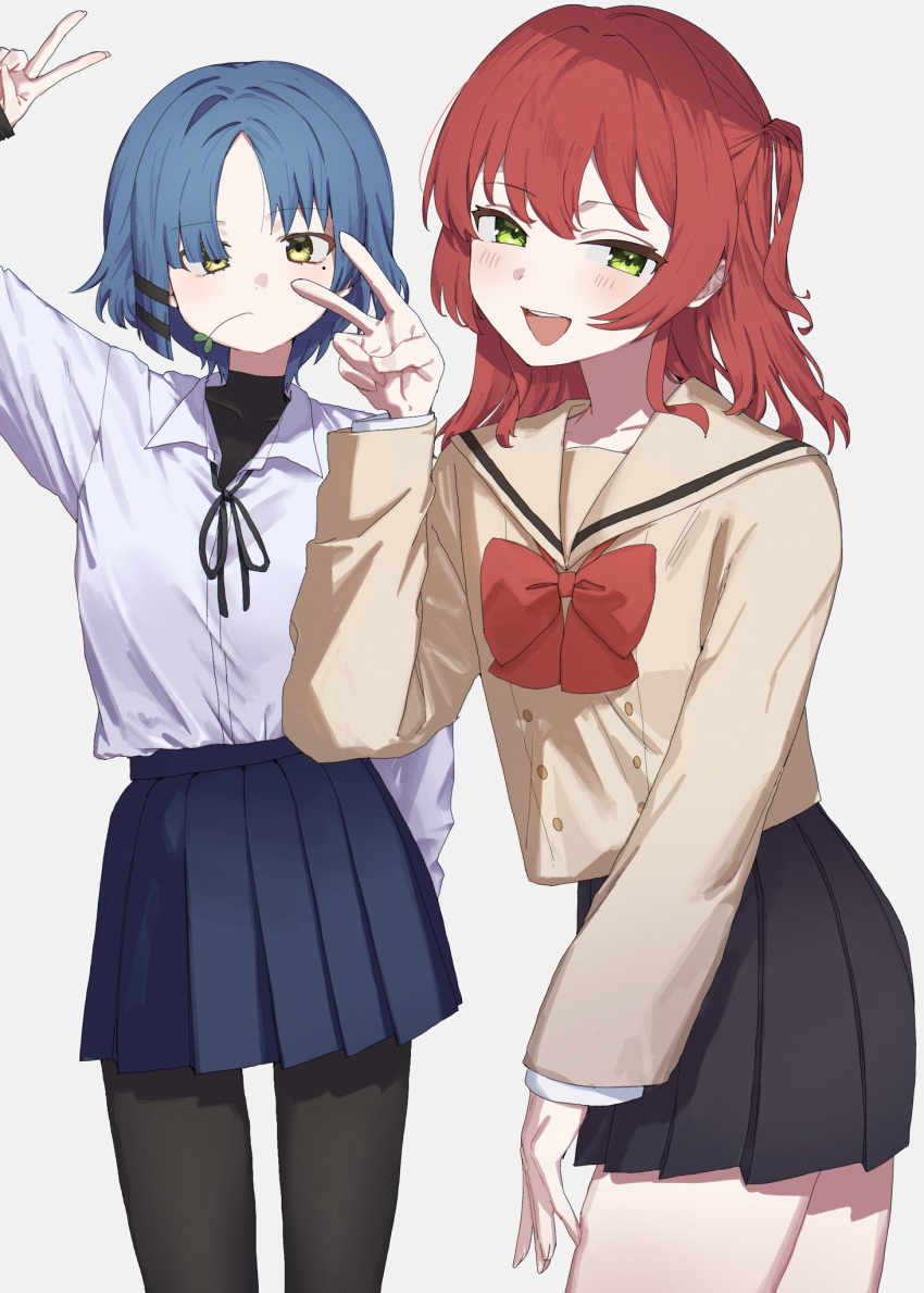 2girls, arm_up, black_pantyhose, black_ribbon, black_skirt, blue_hair, blue_skirt, blush