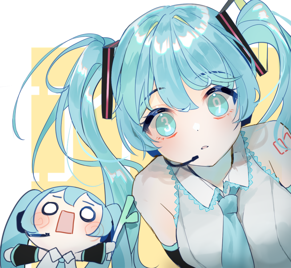 2girls, 39, aqua_hair, aqua_nails, aqua_necktie, bare_shoulders, black_sleeves, blue_eyes