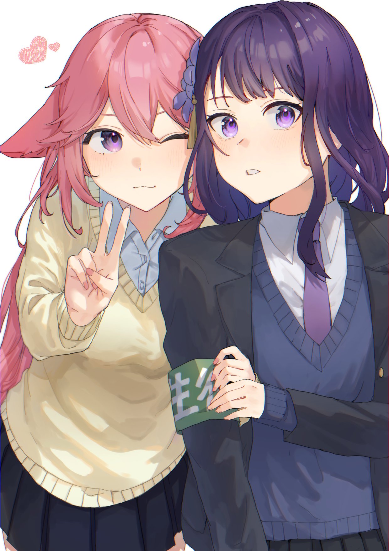 2girls, animal_ears, black_jacket, black_skirt, blazer, blue_sweater_vest, blush, breasts, closed_mouth, collared_shirt, fox_ears, genshin_impact, hair_between_eyes, heart, highres, jacket, long_hair, looking_at_viewer, mosa_1120, multiple_girls, necktie, one_eye_closed, open_clothes, open_jacket, pink_hair, purple_hair, purple_necktie, raiden_shogun, shirt, simple_background, skirt, sweater_vest, translation_request, v, violet_eyes, white_background, white_shirt, yae_miko, yellow_sweater_vest