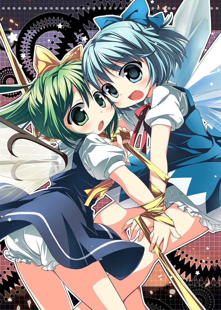 bloomers, blue_eyes, blue_hair, bow, cirno, daiyousei, hair_bow, multiple_girls