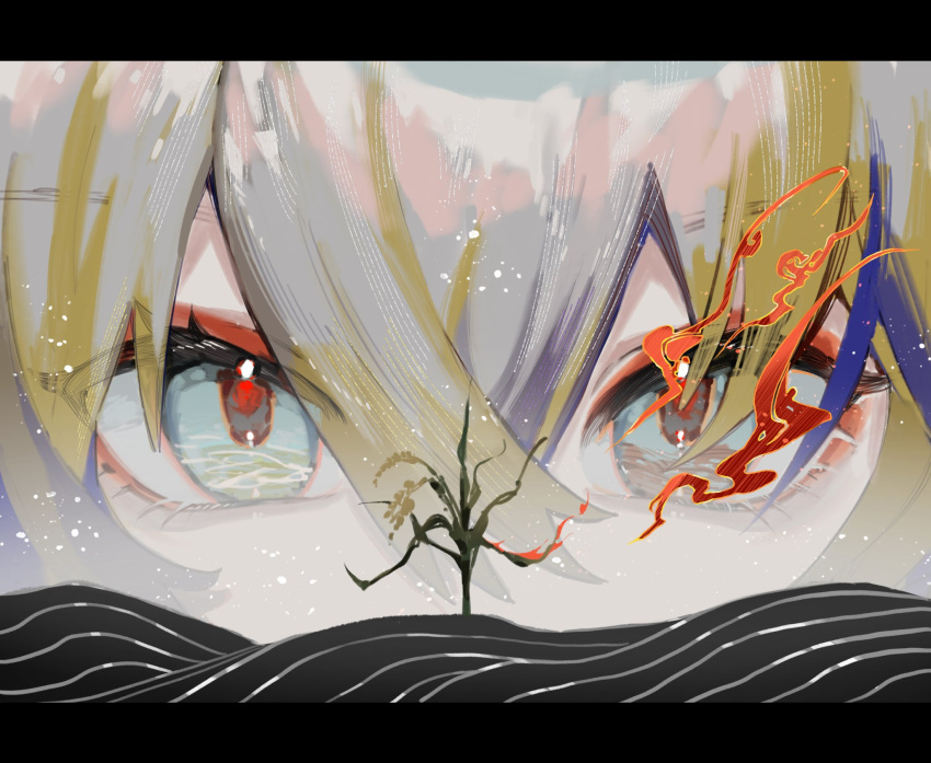 1girl, arknights, blonde_hair, blue_eyes, blue_hair, chinese_commentary, close-up, commentary_request, eye_focus, fishdusking, flaming_eye, grey_hair, highres, multicolored_hair, on_ground, red_pupils, shu_(arknights), solo, sprout