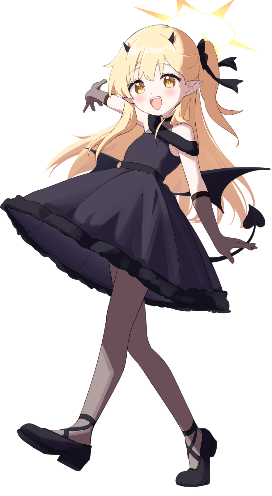 1girl, :d, black_dress, black_footwear, black_gloves, black_horns, black_pantyhose, black_tail