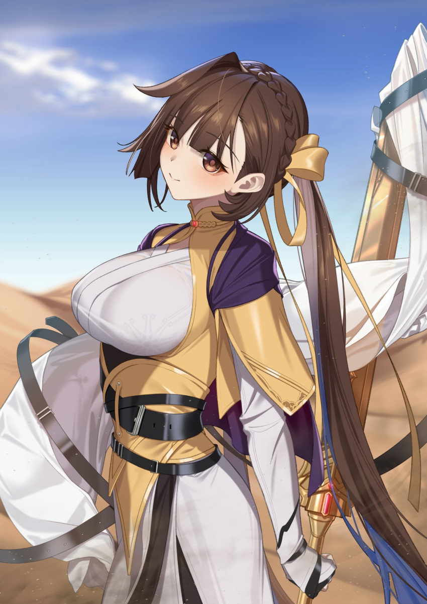 1girl, braid, breasts, brown_eyes, brown_hair, commentary_request, cowboy_shot, day, desert, hair_ribbon, highres, honkai_(series), honkai_impact_3rd, large_breasts, li_sushang, long_hair, looking_at_viewer, looking_to_the_side, meda, orange_ribbon, outdoors, ribbon, sky, smile, solo, three_quarter_view, very_long_hair
