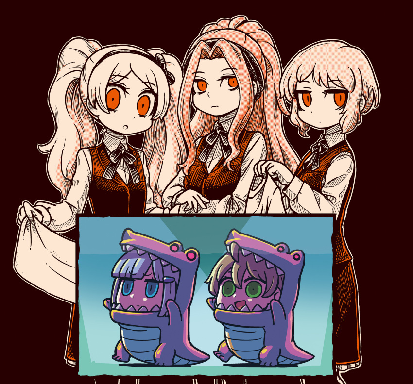 5girls, black_hairband, blue_eyes, blue_hair, bow, bowtie, brown_hair, chibi