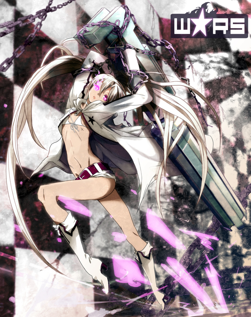 alternate_hair_color, arm_cannon, belt, bikini_top, black_rock_shooter, boots, chain, checkered, checkered_background, coat, glowing, glowing_eyes, highres, huge_weapon, koukou64, legs, long_hair, midriff, navel, purple_eyes, scar, shorts, solo, twintails, very_long_hair, violet_eyes, weapon, white_hair, white_rock_shooter