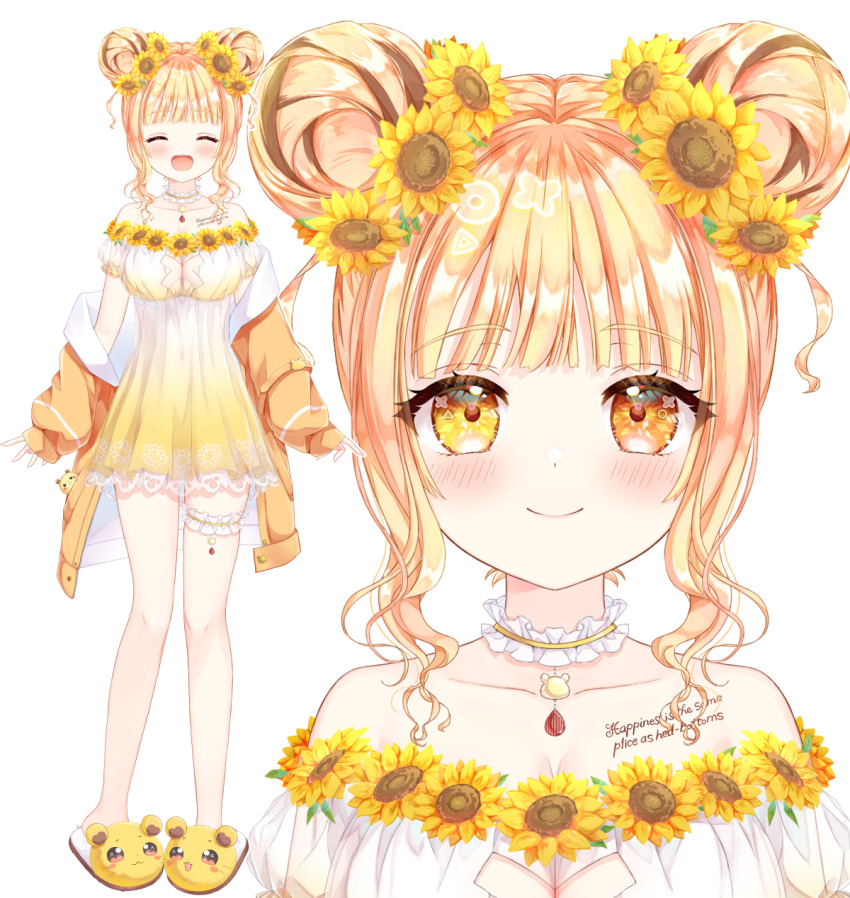 1girl, blonde_hair, blush, brown_hair, closed_eyes, copyright_request, double_bun, dress, flower, gradient_dress, hair_bun, hair_flower, hair_ornament, heterochromia, highres, jacket, multicolored_hair, open_clothes, open_jacket, orange_eyes, orange_jacket, shirosaki_yuu, smile, standing, streaked_hair, sunflower, tachi-e, white_dress, yellow_dress, yellow_eyes, yellow_flower