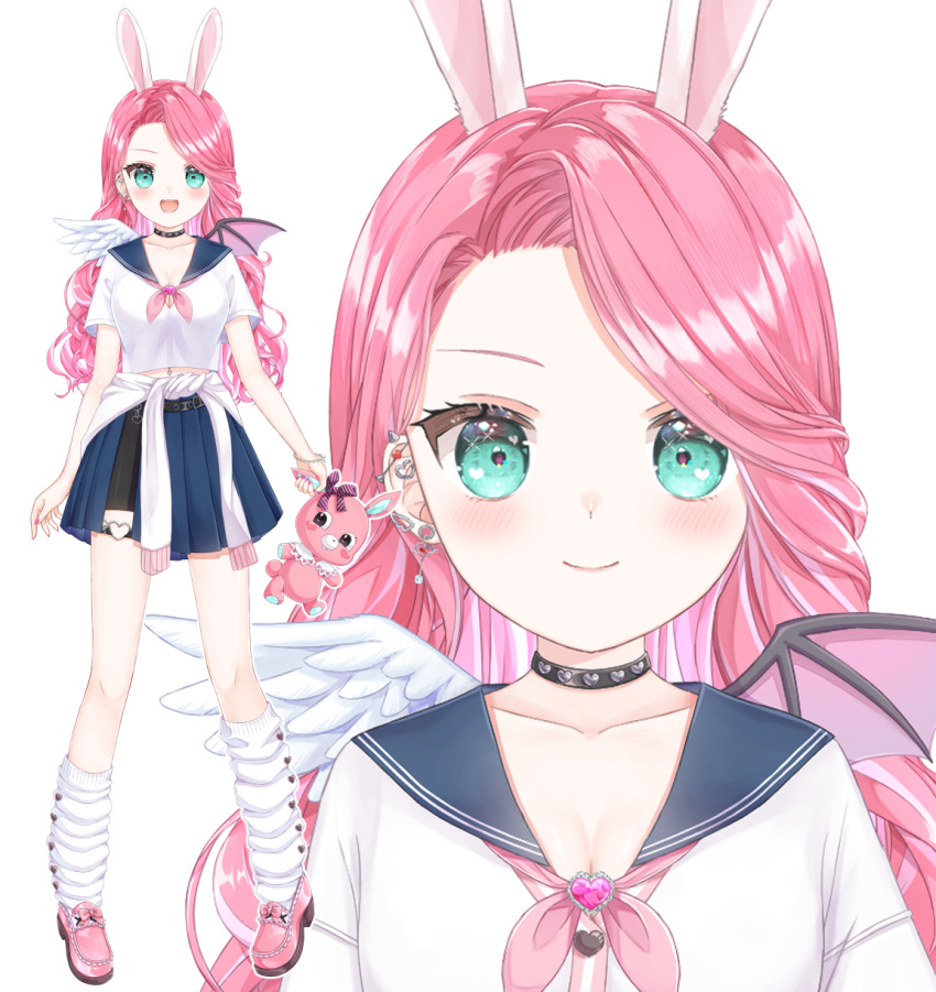 1girl, angel_wings, animal_ears, aqua_eyes, asymmetrical_wings, belt, black_belt, black_choker, blue_sailor_collar, blue_skirt, choker, clothes_around_waist, demon_wings, highres, holding, holding_stuffed_toy, indie_virtual_youtuber, jacket, jacket_around_waist, momoe_yuu, pink_footwear, pink_hair, pleated_skirt, rabbit_ears, sailor_collar, school_uniform, serafuku, shirosaki_yuu, skirt, smile, standing, stuffed_toy, tachi-e, virtual_youtuber, wavy_hair, white_leg_warmers, wings