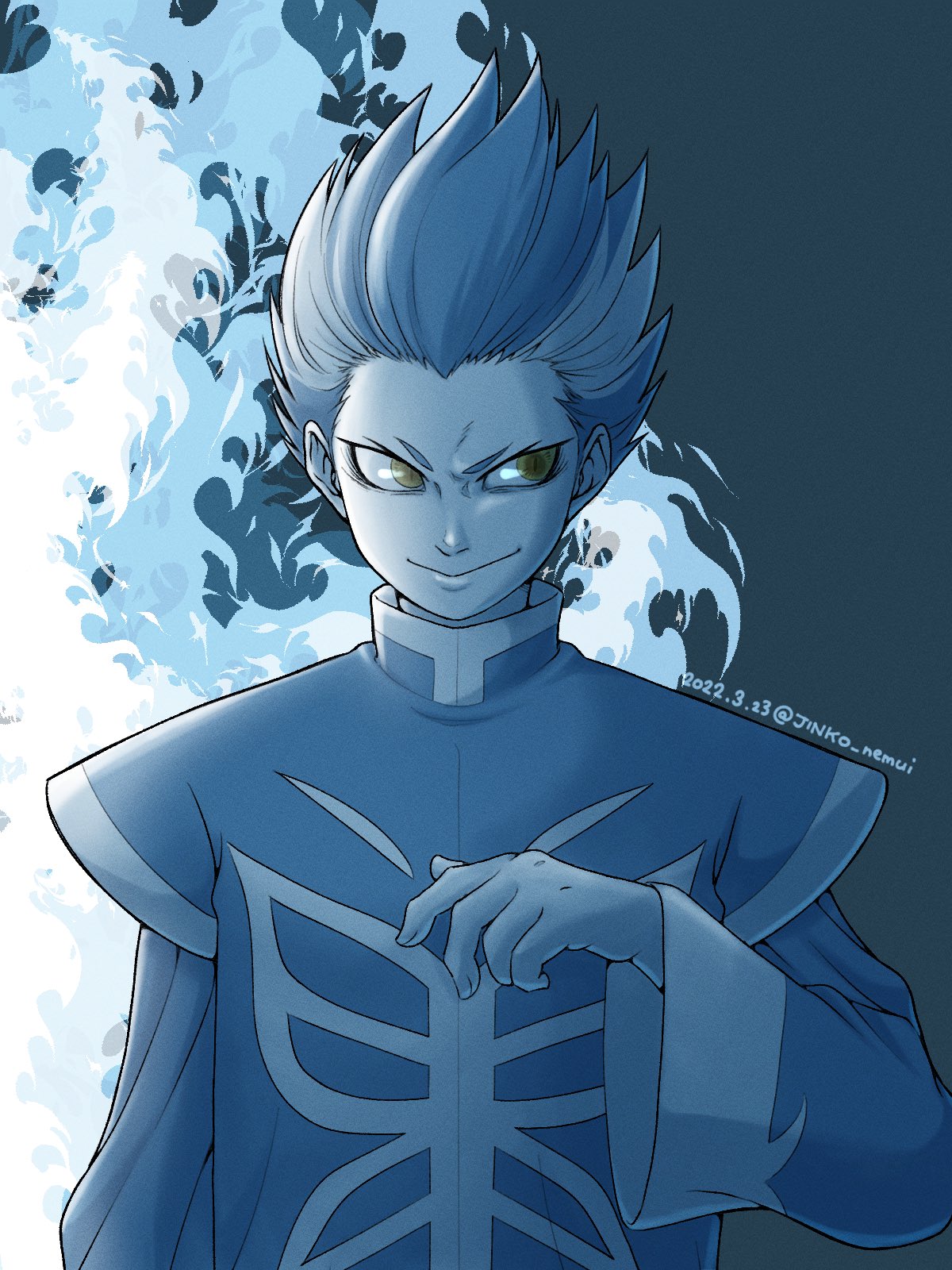 1boy, blue_fire, blue_hair, chinese_clothes, dark_background, dark_blue_hair, fatal_fury, fire