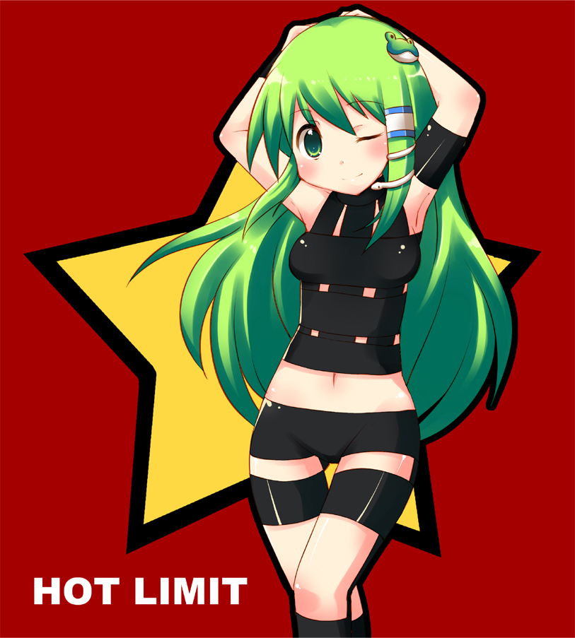 frog, green_eyes, green_hair, hair_ornament, kochiya_sanae, long_hair, solo, touhou