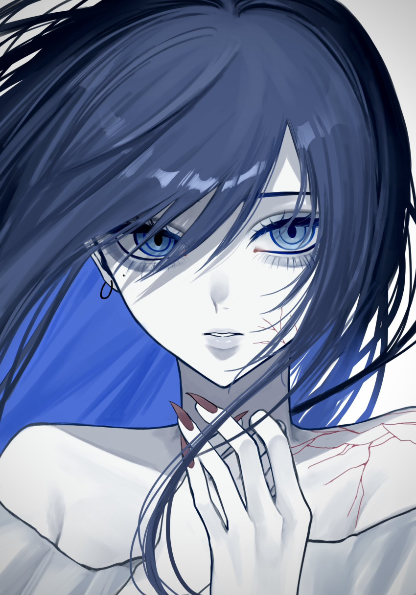 1girl, ado_(utaite), aegyo_sal, bare_shoulders, blue_eyes, blue_hair, chando_(ado), cloud_nine_inc, commentary, english_commentary, floating_hair, grey_background, hair_between_eyes, hand_up, highres, nail_polish, off_shoulder, pale_skin, parted_lips, portrait, red_nails, shadow, solo, tsukishiro0814, unravel_(song), utaite